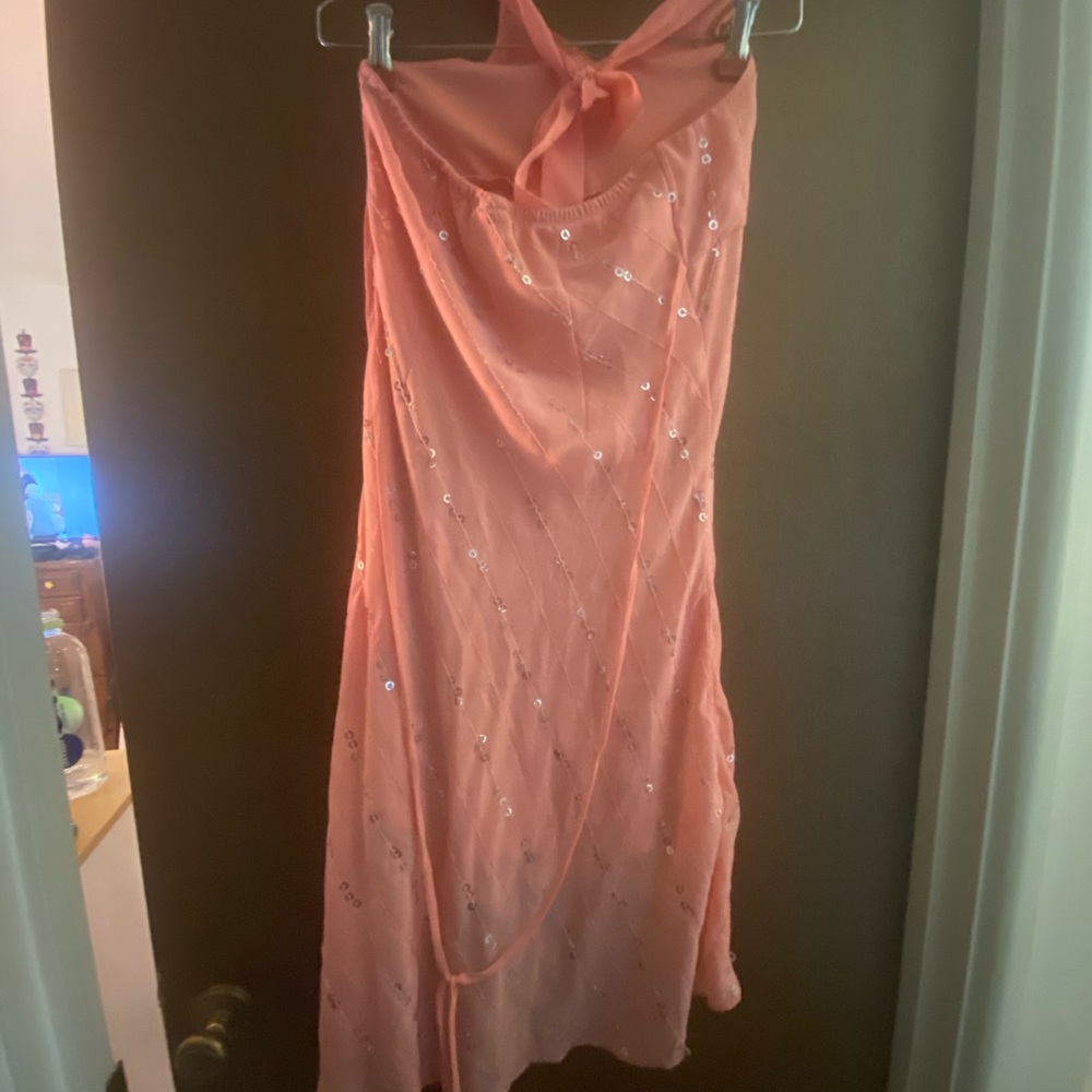 Coral colored halter gown